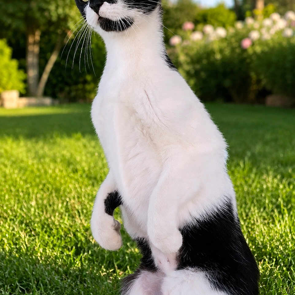 Atena participe au concours pour gagner de l'argent avec cette photo : cat, black_and_white, animal, pet, grass, outdoor, nature, garden, greenery, curious, alert, standing, feline, whiskers, ears, sunlight, daytime, mammal, cute, portrait