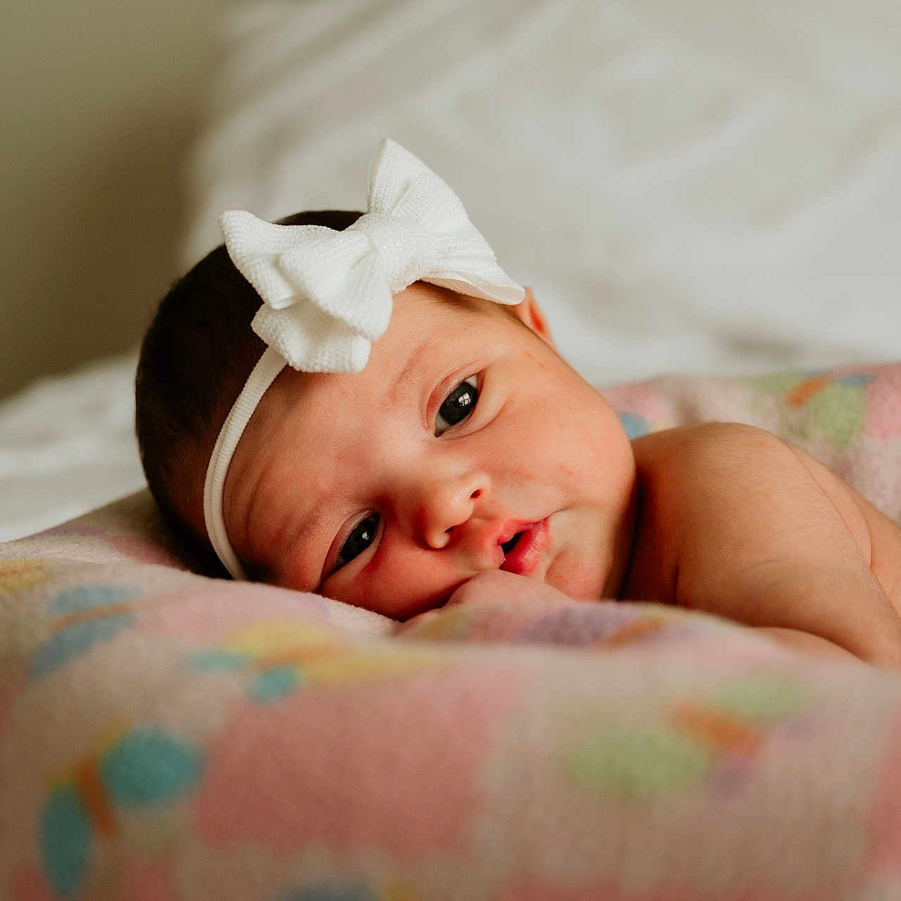 Eveana is registered to the contest to win money with this photo: adorable, baby, blanket, child, closeup, cute, face, headband, indoor, infant, newborn, pastel_colors, peaceful, person, portrait, resting, skin, sleepy, soft_lighting, white_bow