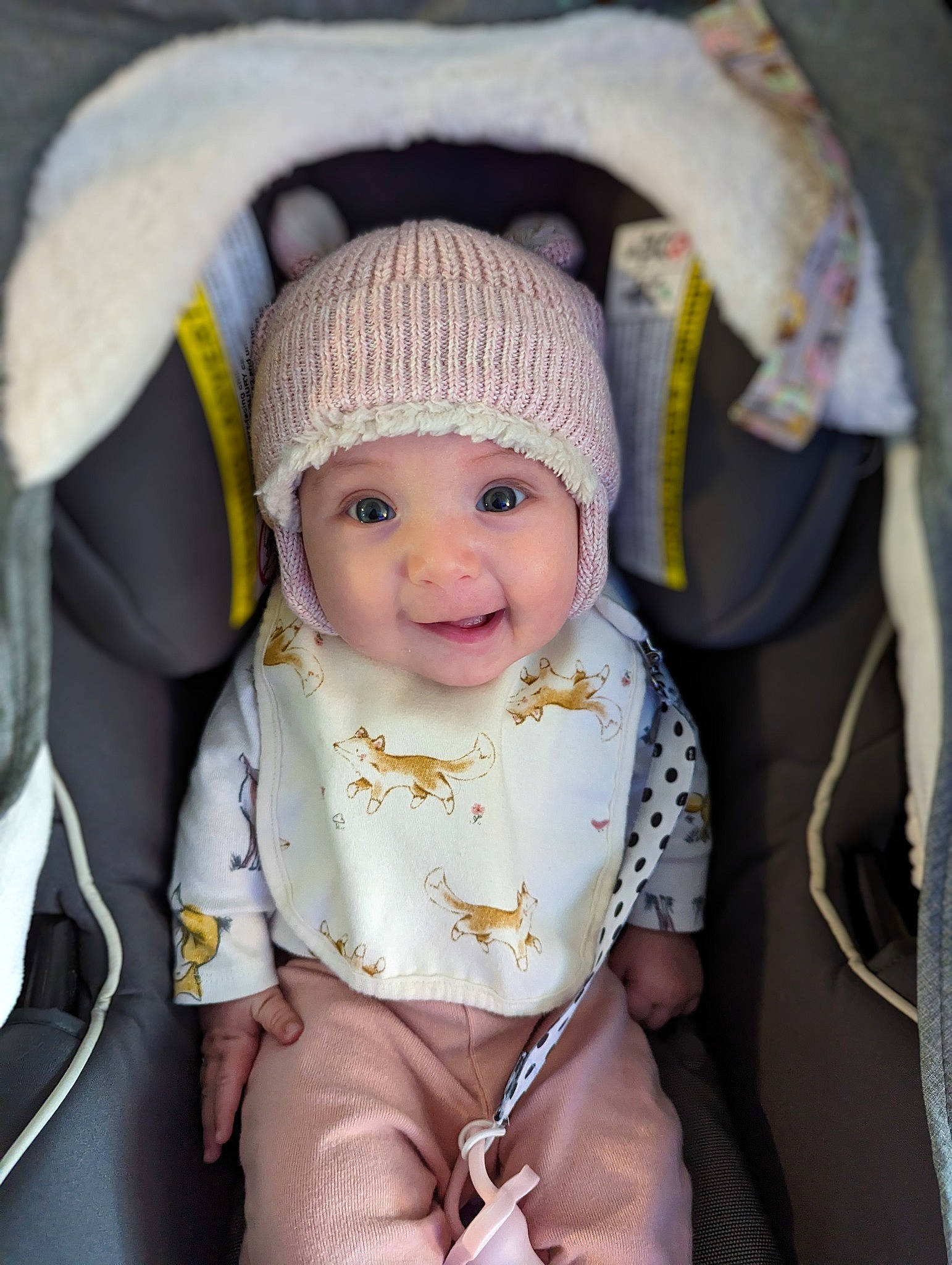 Evie is registered to the contest to win money with this photo: baby, baby_carriage, baby_toddler_clothing, cap, cheek, chin, comfort, eye, face, fun, happy, headgear, headwear, human_body, knit_cap, outerwear, person, seat_belt, skin, sleeve