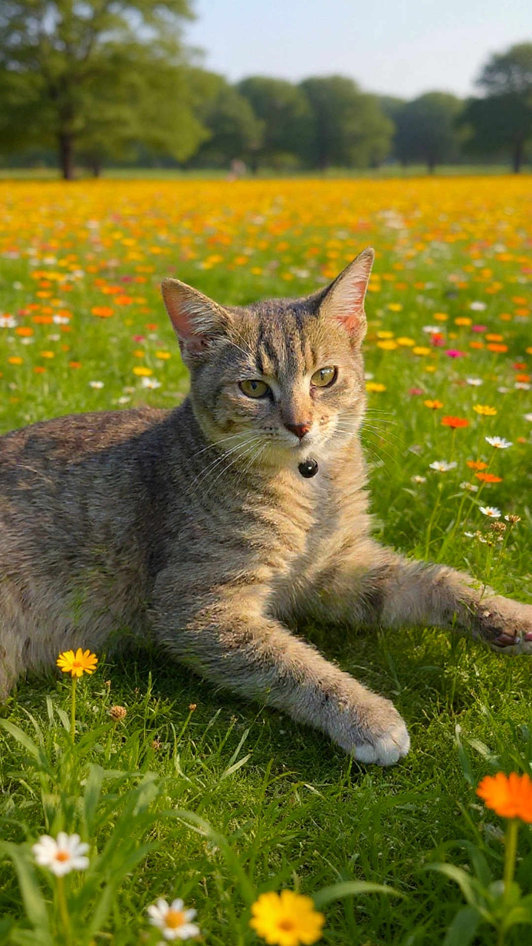Noodle is registered to the contest to win money with this photo: cat, tabby_cat, pet, meadow, wildflowers, field, grass, flower, outdoors, nature, portrait, animal, whiskers, collar, bell, ears, paw, green, summer, bokeh