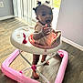 Jream is registered to the contest to win money with this photo: toddler, baby_walker, indoor, child, floor, wooden_floor, hair_puffs, pink, white, toy, barefoot, reaching_hand, smiling, person, window, natural_light, wall, home, playtime, happy