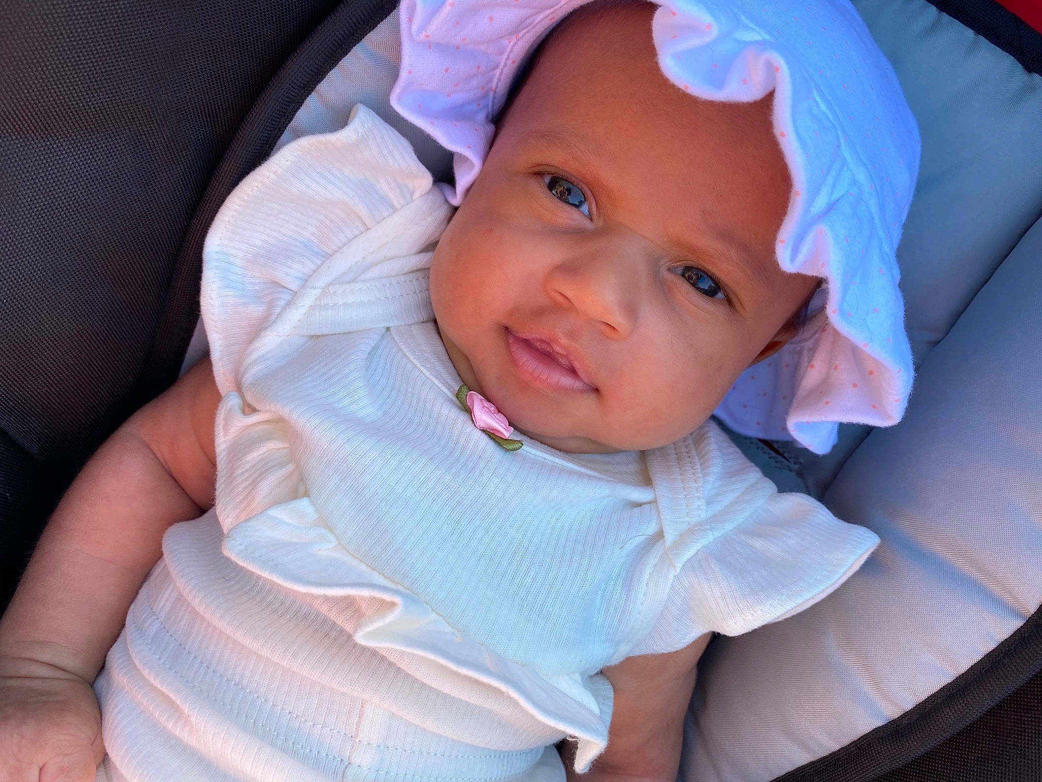 Jazelle joined the competition — help win amazing prizes! baby, baby_carriage, baby_in_car_seat, baby_products, beauty, car_seat, cheek, child, eye, face, head, headwear, linens, lip, mouth, nose, person, pink, product, skin