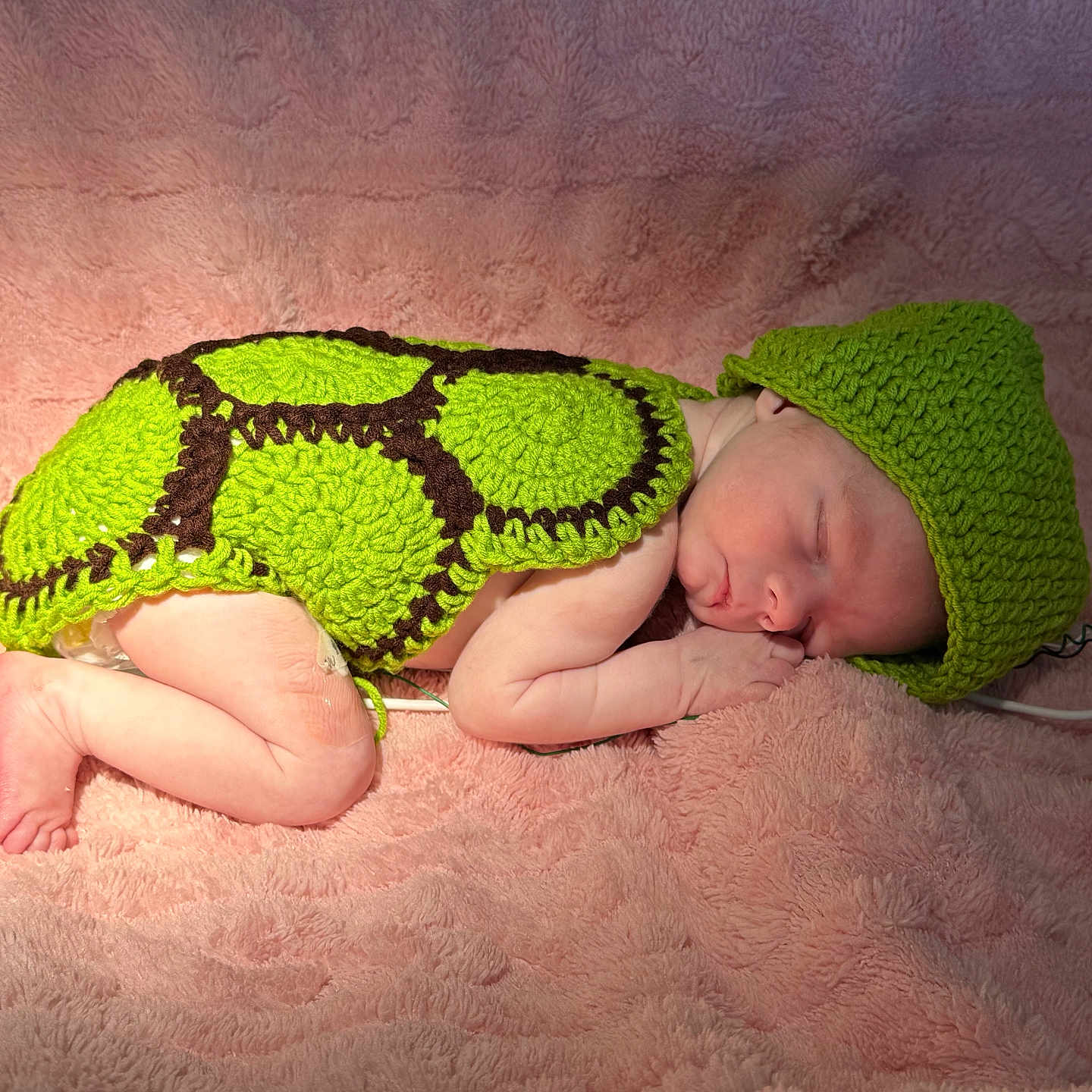 Selah is registered to the contest to win money with this photo: baby, crocheted_clothing, cute, green, headwear, indoors, infant, lying_down, newborn, peaceful, pink_blanket, portrait, resting, skin, sleeping, small_feet, small_hands, soft_texture, turtle_costume, wrapped