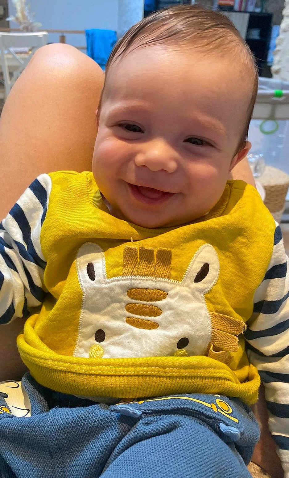 Titouan a rejoint le concours — aidez-le/la à gagner de superbes lots ! baby, child, smiling, yellow_sweater, giraffe_design, striped_sleeves, blue_pants, person, indoor, lap, happy, cute, portrait, face, clothing, infant, seated, casual, warm_colors, cozy
