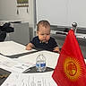 Alim is registered to the contest to win money with this photo: toddler, child, bow_tie, office, desk, papers, water_bottle, flag, red_flag, serious, indoor, printer, chair, table, document, furniture, person, portrait, business, meeting