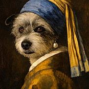Nk participe au concours pour gagner de l'argent avec cette photo : animal_portrait, artistic, blue, brown_eyes, classical, closeup, cloth, costume, dark_background, dog, earring, expression, fur, headscarf, painting_style, pearl_earring, portrait, studio_lighting, wearing, yellow