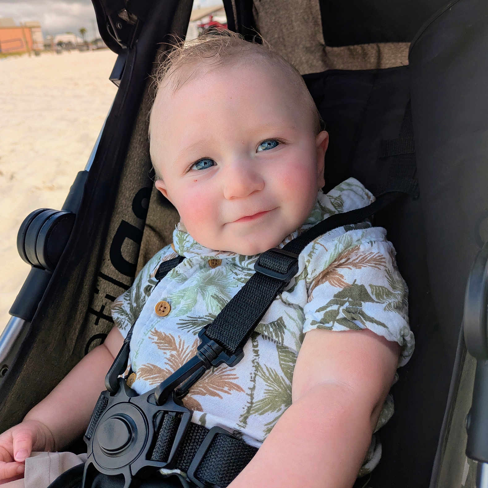 Tucker joined the competition — help win amazing prizes! baby, beach, blue_eyes, casual, child, closeup, cute, happy, infant, outdoor, patterned_clothing, person, portrait, rosy_cheeks, seatbelt, shirt, smile, stroller, summer, sunny