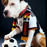 Snoop participe au concours pour gagner de l'argent avec cette photo : animal, black_background, brown_fur, cap, chain, collar, cute, dog, fashion, indoor, jersey, paw, pet, portrait, scarf, soccer_ball, sport_fan, studio, text_overlay, white_fur
