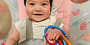Aviana joined the competition — help win amazing prizes! baby, baby_seat, child, closeup, clothing, colorful, cute, face, hand, happy, headband, indoor, infant, mickey_mouse_pattern, person, playtime, rainbow_pattern, sitting, smiling, toy