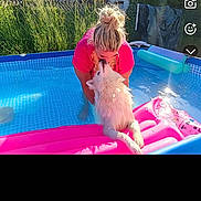 Alaska participe au concours pour gagner de l'argent avec cette photo : dog, person, pool, inflatable_pool, pink_shirt, white_dog, summer, outdoor, water, float, sunlight, grass, playing, pet, fun, backyard, leisure, happy, interaction, daytime