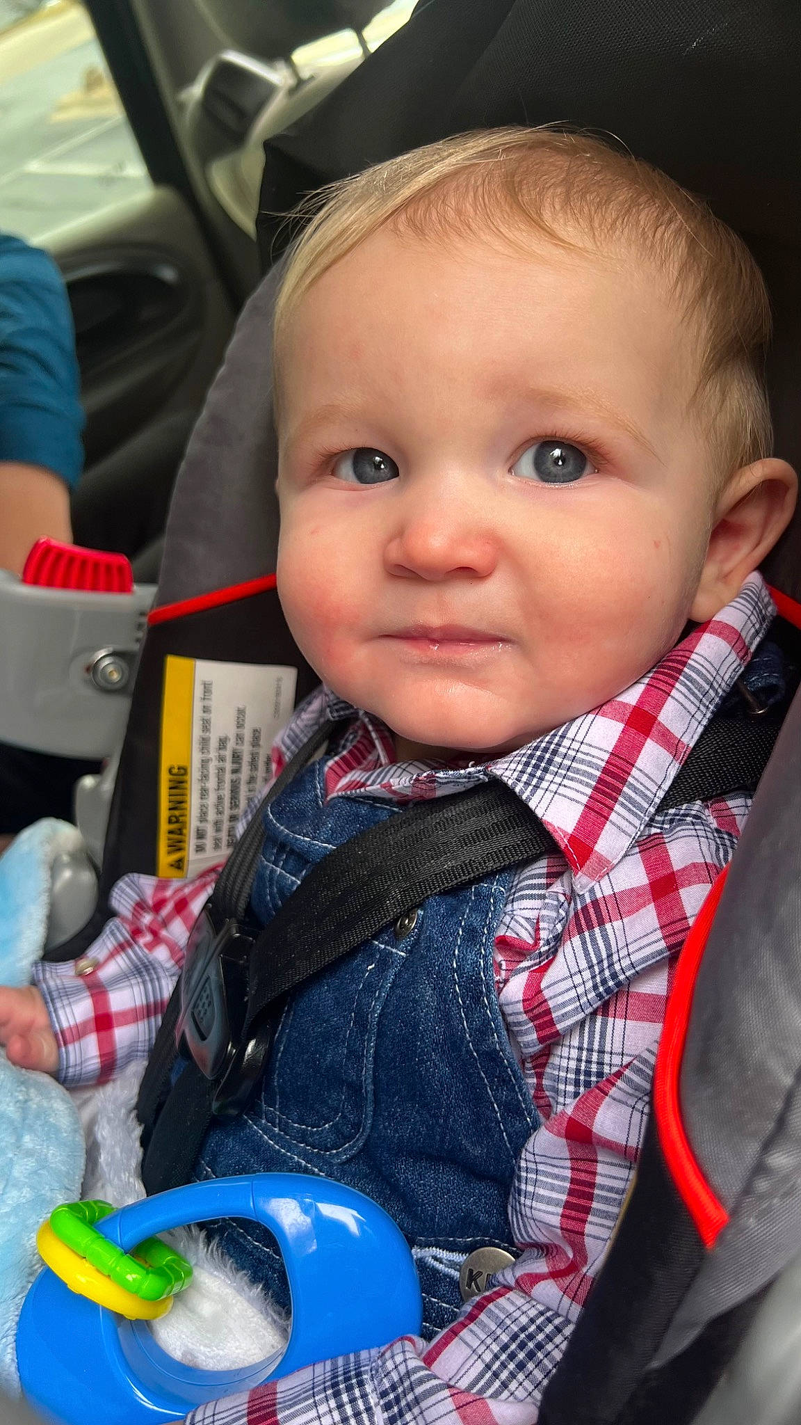 Oliver joined the competition — help win amazing prizes! baby, baby_carriage, baby_products, baby_toddler_clothing, blond, cheek, child, chin, fun, iris, lip, mouth, nose, organ, person, plaid, product, skin, tartan, toddler