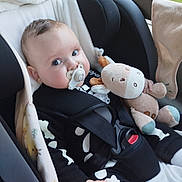 Thaïs participe au concours pour gagner de l'argent avec cette photo : baby, child, car_seat, pacifier, plush_toy, stuffed_animal, cow_toy, black_clothing, seatbelt, window, car_interior, blanket, infant, hand, face, blue_eyes, cute, portrait, sitting, indoors