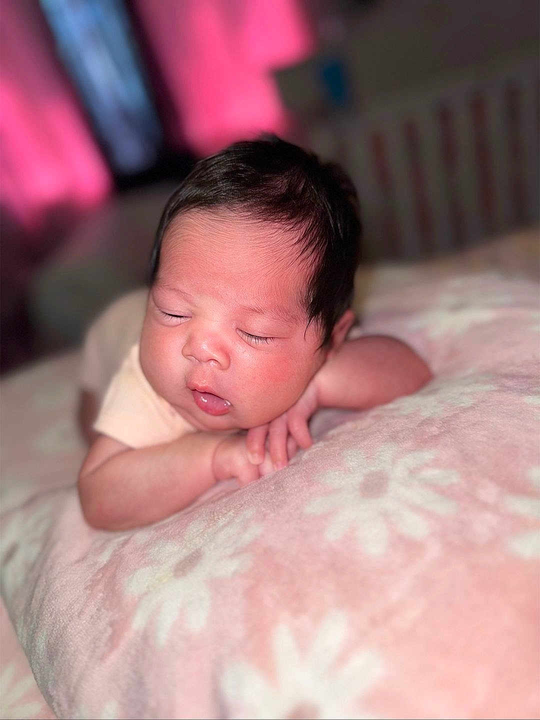 Kairo joined the competition — help win amazing prizes! baby, sleeping, blanket, pink, soft, infant, cute, face, hands, resting, indoors, portrait, newborn, child, peaceful, cozy, closeup, hair, skin, toddler