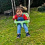 child, toddler, swing, garden, grass, smile, overalls, red_shirt, green_swing, play, outdoor, trees, shoes, happy, portrait, seat, rope, young_child, fun, sunlight