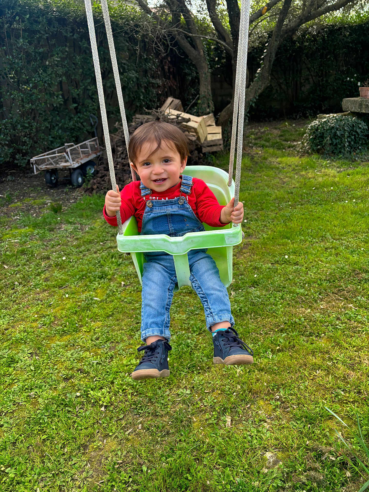 Calum participe au concours pour gagner de l'argent avec cette photo : child, toddler, swing, garden, grass, smile, overalls, red_shirt, green_swing, play, outdoor, trees, shoes, happy, portrait, seat, rope, young_child, fun, sunlight