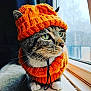 cat, tabby_cat, knitted_hat, orange_hat, green_eyes, whiskers, window, natural_light, cozy, pet, animal, fur, paws, indoors, portrait, cute, fall_fashion, warm_clothing, sitting, looking_outside