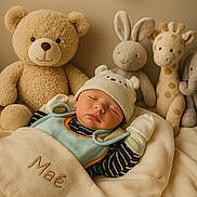 Maé participe au concours pour gagner de l'argent avec cette photo : baby, sleeping, plush_toy, teddy_bear, stuffed_animal, blanket, hat, mittens, soft_toys, child, nursery, cute, cozy, rest, warm_light, indoor, portrait, comfort, peaceful, infant