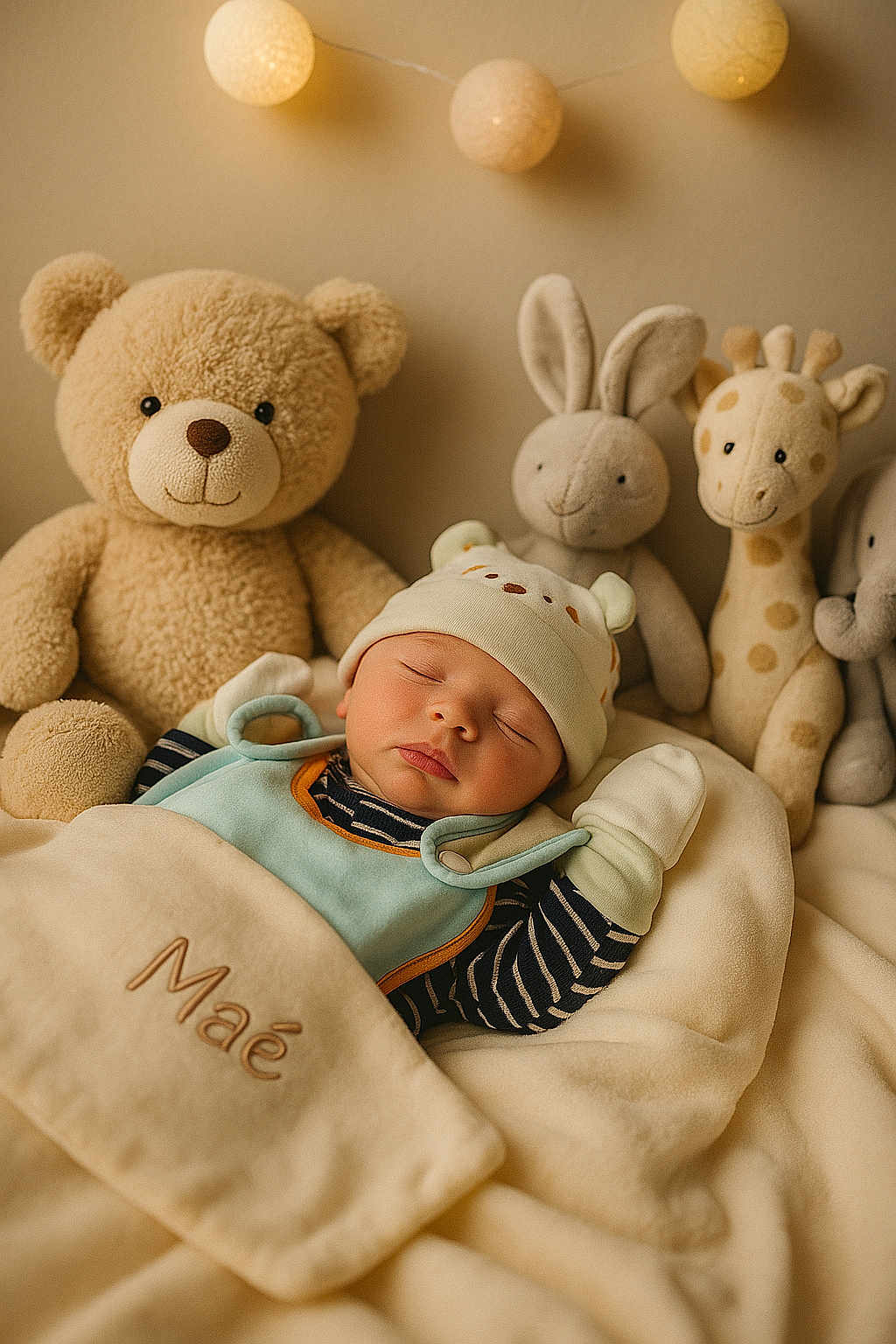 Maé participe au concours pour gagner de l'argent avec cette photo : baby, sleeping, plush_toy, teddy_bear, stuffed_animal, blanket, hat, mittens, soft_toys, child, nursery, cute, cozy, rest, warm_light, indoor, portrait, comfort, peaceful, infant