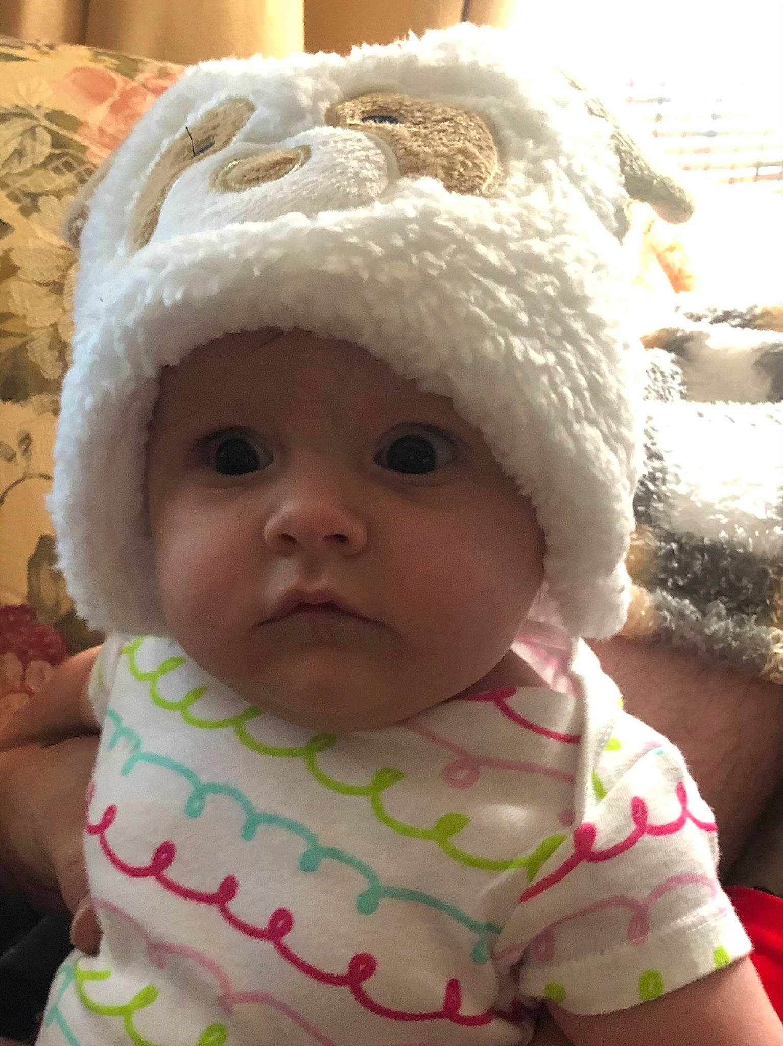 Brooklynn is registered to the contest to win money with this photo: baby, baby_toddler_clothing, beanie, cap, cheek, child, eye, eyelash, fur, happy, head, headgear, headwear, knit_cap, lip, nose, person, skin, textile, toddler
