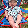 baby, child, smile, cap, chair, outdoor, grass, clothing, infant, happy, person, legs, feet, seat, sunlight, baseball_theme, blue, red, cute, expression