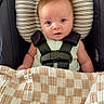 baby, car_seat, blanket, child, infant, straps, headrest, checkered_pattern, seated, curious, indoors, closeup, face, young_child, safety_harness, cute, portrait, looking_at_camera, soft_lighting, comfort