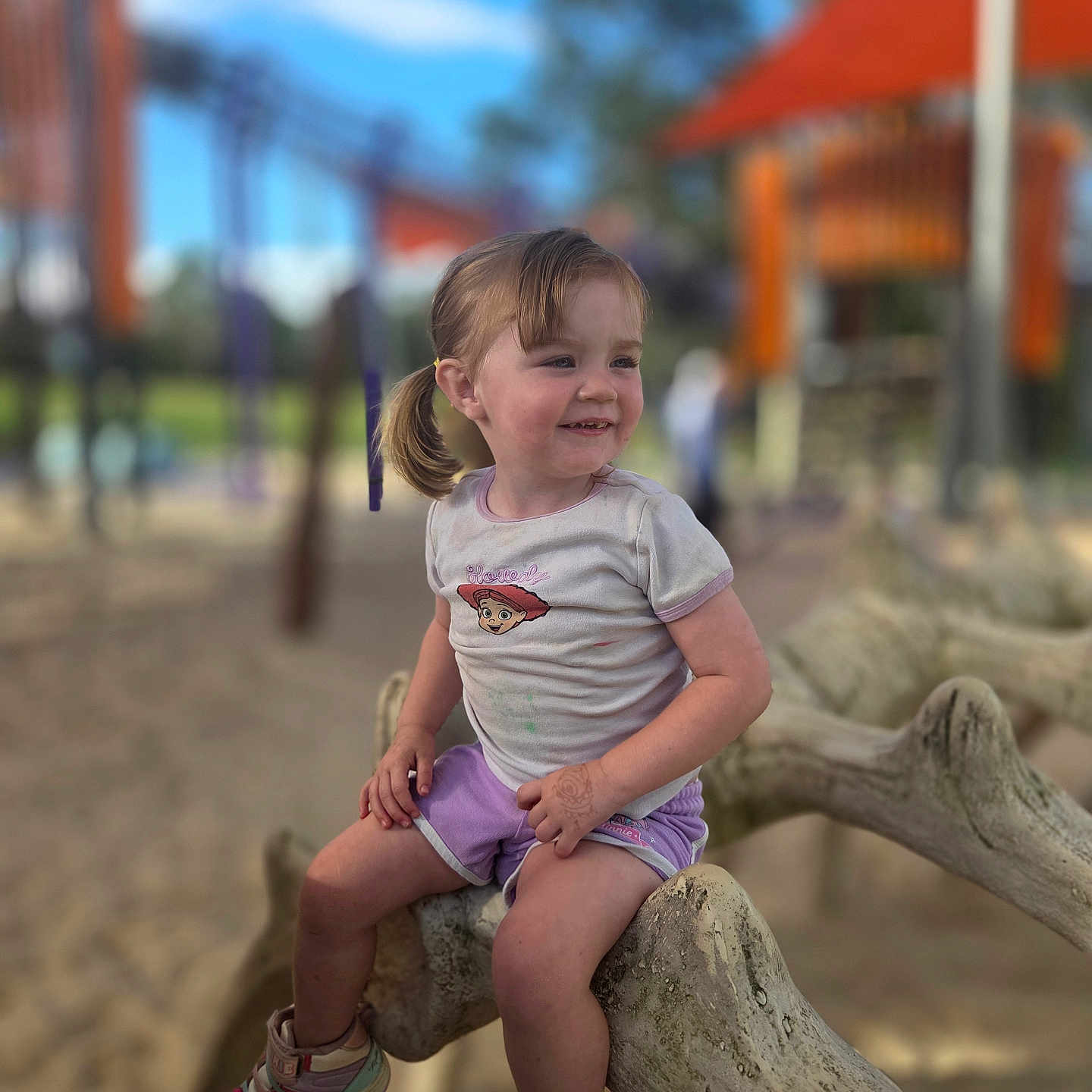 Diamond is registered to the contest to win money with this photo: child, toddler, playground, outdoor, smiling, sitting, tree_branch, sneakers, purple_shorts, light_shirt, pigtails, sunny, play_equipment, sand, happy, person, daylight, casual_clothing, park, fun