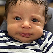 Liam joined the competition — help win amazing prizes! baby, child, face, portrait, close_up, striped_shirt, curious_expression, tongue_out, chubby_cheeks, person, infant, cute, young_child, soft_lighting, indoors, head, eyes, hair, skin, clothing