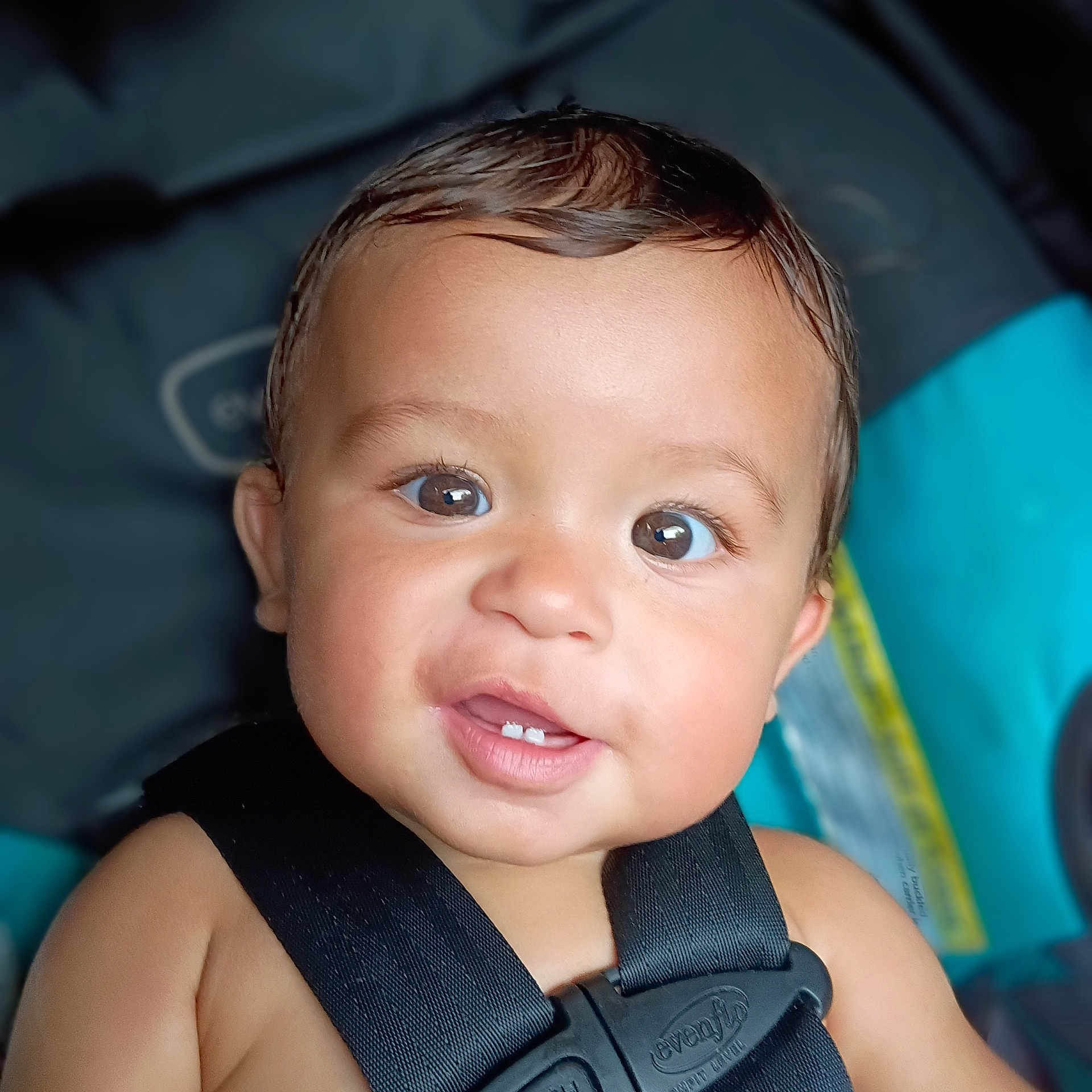 Brantley is registered to the contest to win money with this photo: baby, child, face, smile, eyes, hair, car_seat, harness, closeup, infant, cute, person, skin, shoulders, seatbelt, transport, seat, young, portrait, happy