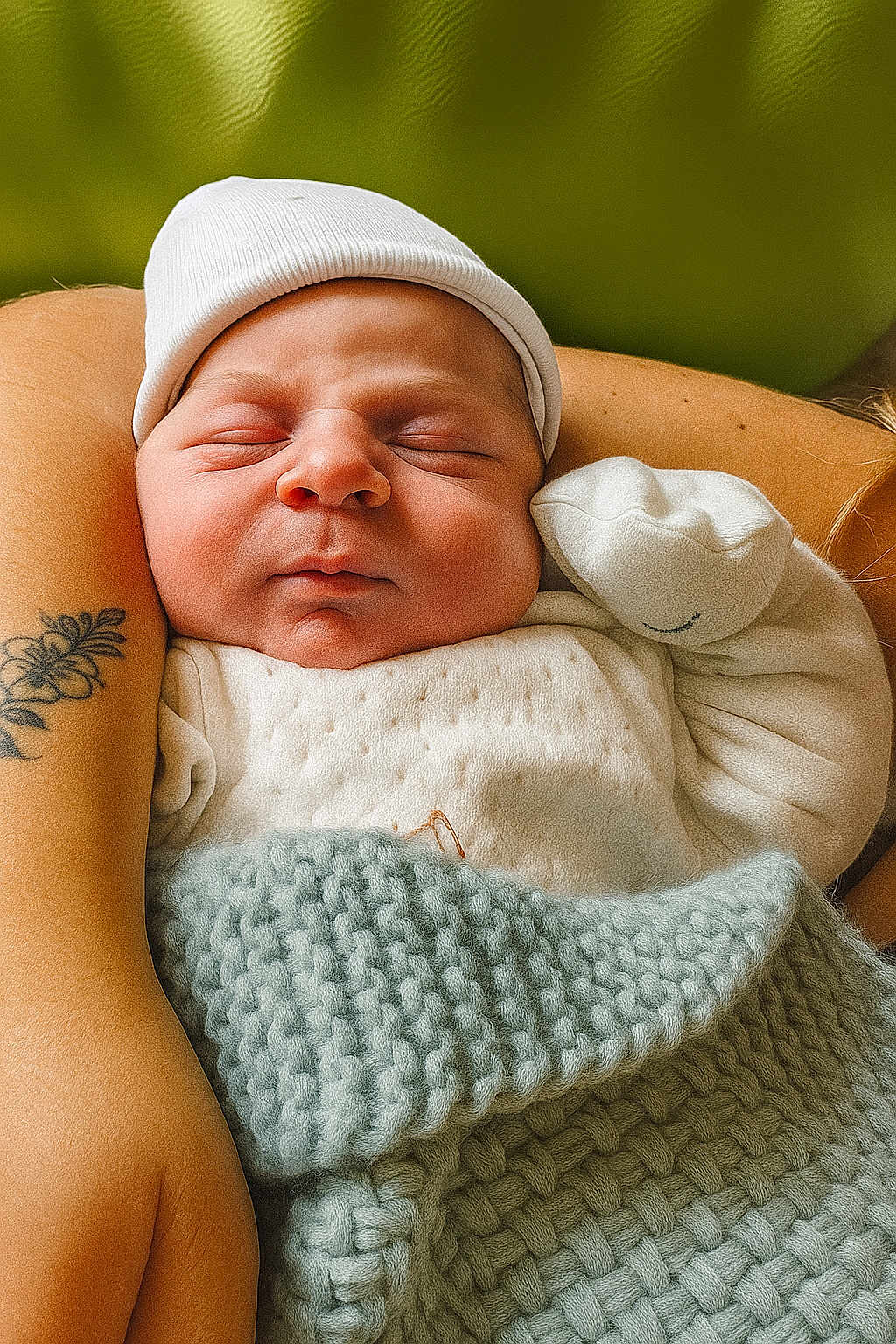 Sacha a rejoint le concours — aidez-le/la à gagner de superbes lots ! baby, newborn, sleeping, infant, white_hat, white_clothing, knitted_blanket, blue_blanket, tattoo, arm, skin, peaceful, resting, close_up, portrait, indoor, soft_light, adult_arm, baby_glove, background
