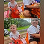 boy, car, casual_clothing, child, grass, inflatable_horse, laughing, orange_toy, outdoor, park, play_mat, playground, ride_on_toy, road, sibling, sidewalk, smiling, summer, toddler, trees