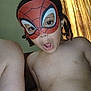 child, mask, spiderman_mask, braided_hair, indoors, curtains, shirtless, face, expression, person, playful, young, portrait, home, light, window, surprised, skin, shoulder, adult
