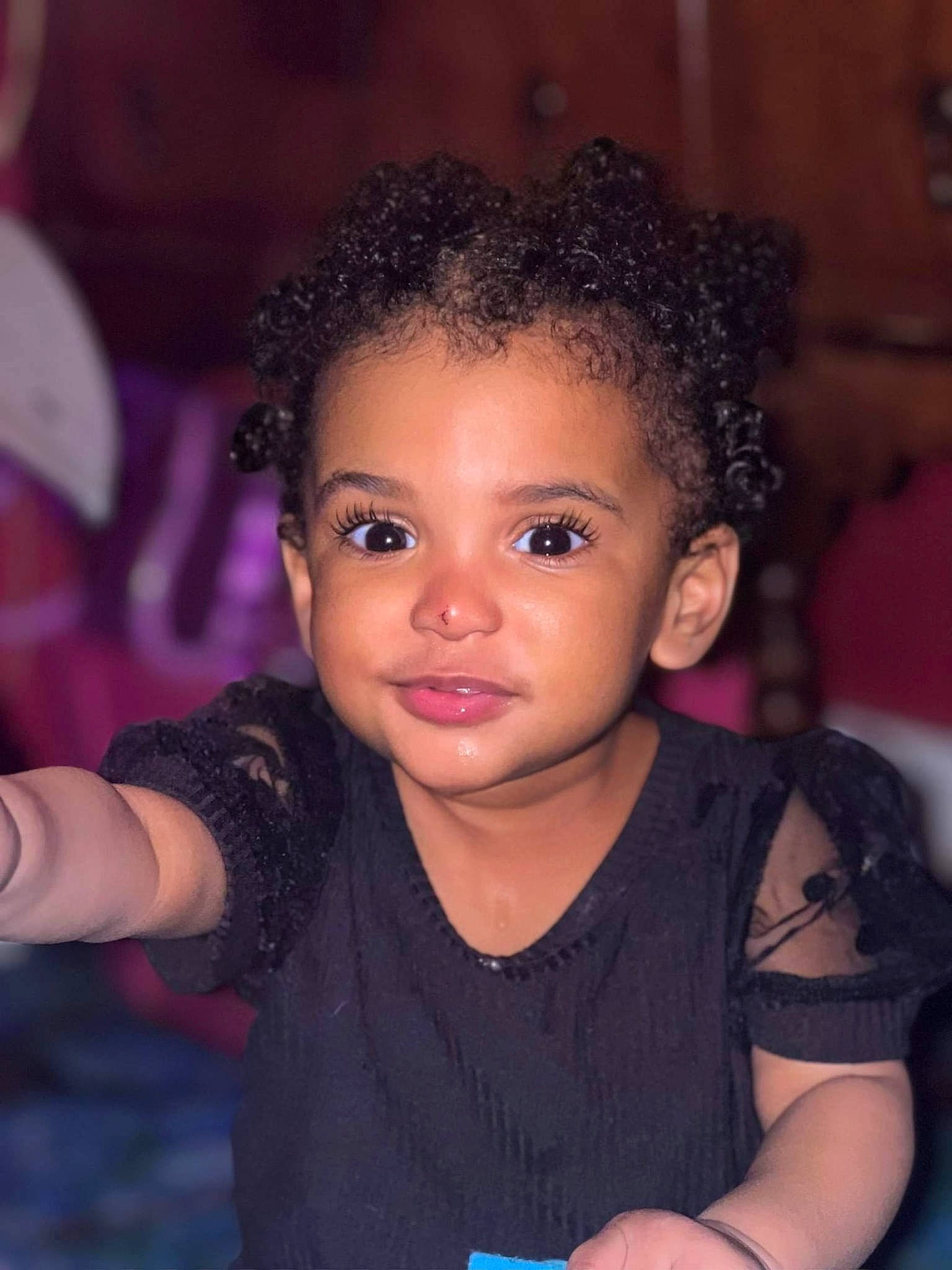 Fatima joined the competition — help win amazing prizes! afro, black_hair, cheek, child, chin, eyebrow, eyelash, flash_photography, forehead, fun, gesture, happy, head, iris, lip, magenta, nose, person, skin, t_shirt