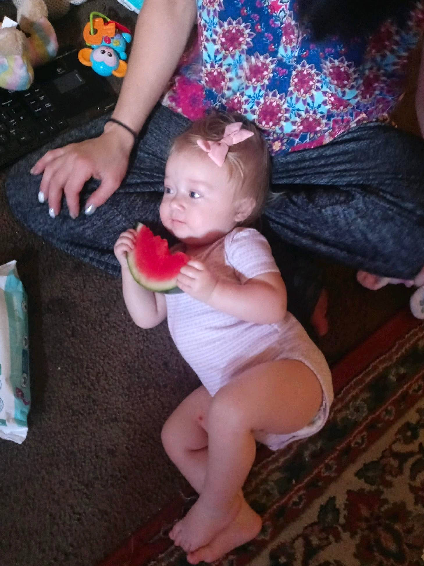 Evalyn joined the competition — help win amazing prizes! baby, baby_toddler_clothing, child, finger, fun, human_leg, joint, knee, lap, leg, mouth, nail, person, pink, skin, sock, thigh, thumb, toddler, trunk