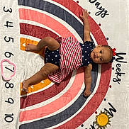 Nova joined the competition — help win amazing prizes! baby, celebration, child, clothing, colorful, cute, expression, face, infant, lying_down, milestone, milestone_blanket, numbers, pattern, rainbow, red_bow, skin, stars, striped, weeks