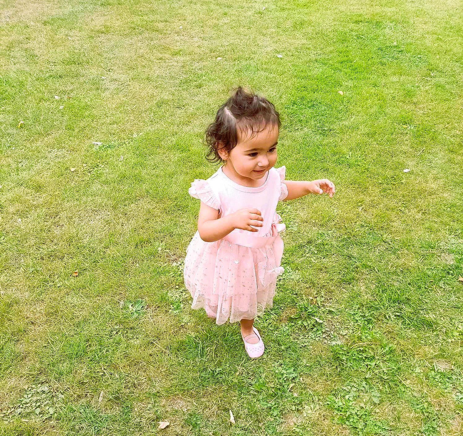 Laïa participe au concours pour gagner de l'argent avec cette photo : baby, baby_toddler_clothing, dress, foot, fun, gesture, grass, grass_family, grassland, groundcover, hair, happy, human_body, joy, lawn, meadow, people_in_nature, person, plant, sleeve