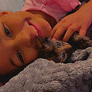 Willow joined the competition — help win amazing prizes! bed, blanket, child, closeup, cozy, cuddling, face, fluffy, furry, hand, happy, indoor, person, pet, pink_toy, portrait, small_animal, smiling, teeth, warm_lighting