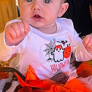 Madilynn is registered to the contest to win money with this photo: baby, child, halloween, costume, ghost, pumpkin, tulle, corn, striped_socks, cute, infant, portrait, clothing, celebration, festive, indoors, person, expression, hand, sitting