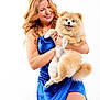 Coco is registered to the contest to win money with this photo: woman, dog, pomeranian, smiling, blue_dress, fluffy, pet, happy, studio, white_background, portrait, cute, hair, fashion, animal, holding, joy, friendly, fur, indoor