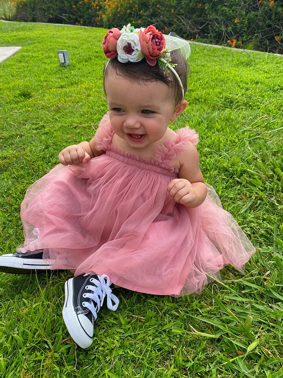 Jensen joined the competition — help win amazing prizes! baby, baby_toddler_clothing, botany, dress, flower, grass, grass_family, happy, leisure, meadow, people_in_nature, person, petal, pink, plant, shoe, smile, sneakers, summer, toddler