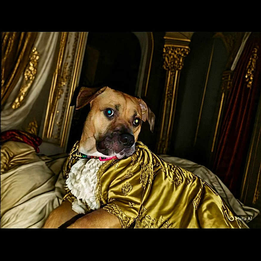 Buddy is registered to the contest to win money with this photo: animal, bed, canine, costume, cushion, dog, elegant, fabric, furniture, golden_decor, golden_robe, indoors, looking_away, luxury, ornate, pet, portrait, regal, relaxed, textile