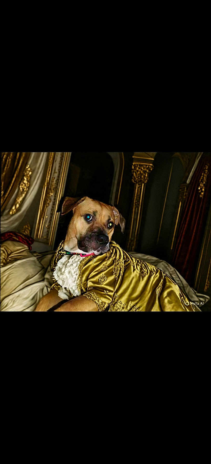 Buddy is registered to the contest to win money with this photo: dog, regal, golden_robe, bed, luxury, ornate, golden_decor, portrait, animal, pet, indoors, furniture, canine, costume, relaxed, looking_away, textile, cushion, fabric, elegant