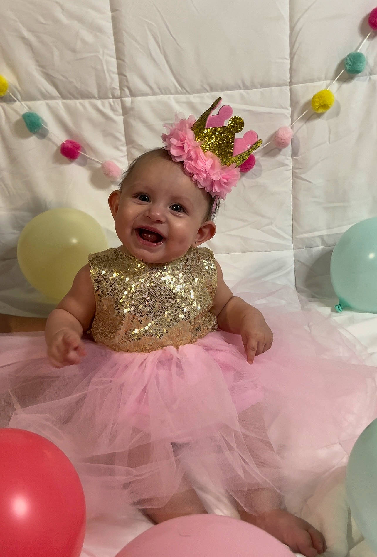 Amelia joined the competition — help win amazing prizes! baby, baby_toddler_clothing, balloon, beauty, child, dress, embellishment, event, fun, happy, headpiece, joy, magenta, party_supply, person, petal, pink, purple, smile, toddler