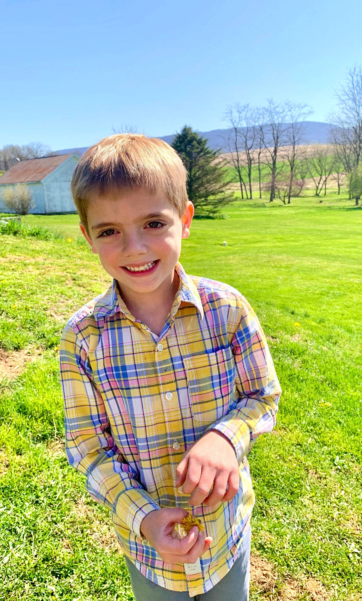 Eli joined the competition — help win amazing prizes! electric_blue, fun, grass, grass_family, grassland, happy, joy, lawn, leisure, pattern, people_in_nature, person, plaid, plant, prairie, recreation, shirt, sky, smile, tartan