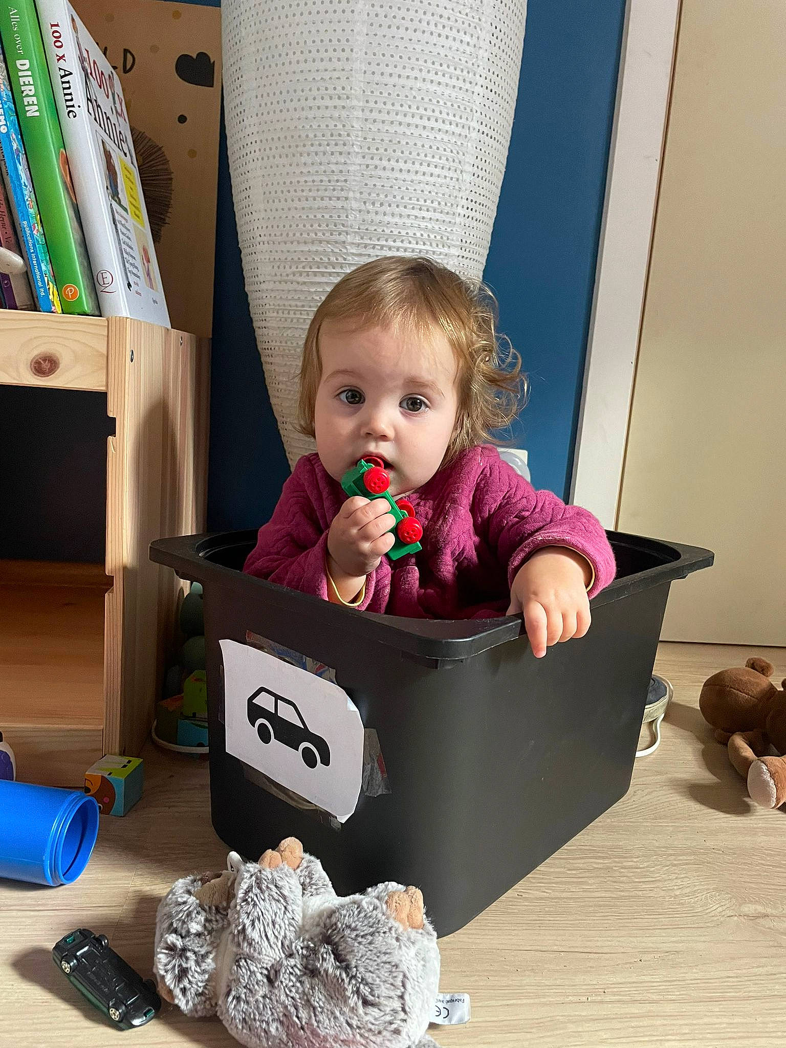 Aryanna a rejoint le concours — aidez-le/la à gagner de superbes lots ! baby, baby_playing_with_toys, baby_products, baby_toddler_clothing, box, child, comfort, flooring, fun, household_supply, office_supplies, person, play, publication, room, shelf, shelving, sitting, toddler, toy