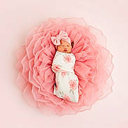 Juniper is registered to the contest to win money with this photo: baby, newborn, infant, swaddled, headband, bow, floral_swaddle, pink, tulle, ruffles, blanket, sleeping, portrait, studio, soft_light, top_view, flower, delicate, peaceful, one_person