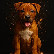 Aïko a rejoint le concours — aidez-le/la à gagner de superbes lots ! puppy, dog, brown, white_chest, sitting, tongue_out, happy, portrait, studio, dark_background, paint_splatter, cute, animal, pet, young, mammal, fur, ears, paws, expression
