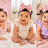 Adrianna joined the competition — help win amazing prizes! baby, infant, child, pink_bow, headband, smile, happy, cute, pastel_colors, dress, sitting, lying_down, blanket, soft_texture, flower, indoor, portrait, three, triptych, adorable