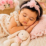 Adrianna is registered to the contest to win money with this photo: baby, sleeping, girl, headband, pink, plush_bunny, soft_toy, blanket, flower_basket, teddy_bear, pillow, cute, peaceful, indoor, portrait, infant, rest, child, cozy, decor