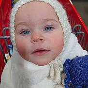 Indikeja joined the competition — help win amazing prizes! child, baby, infant, blue_eyes, knit_hat, shopping_cart, winter_coat, mitten, toy, close_up, face, eyelashes, rosy_cheeks, gaze, portrait, adorable, indoor, grocery_store, red_cart, soft_texture