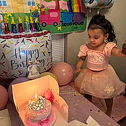 Makayla Gisela joined the competition — help win amazing prizes! toddler, birthday_cake, balloons, birthday_party, pink_dress, child, celebration, cake, lit_candle, tiara, confetti, party_hat, table, peppa_pig, gift, decorations, rainbow, train, indoor, smiling